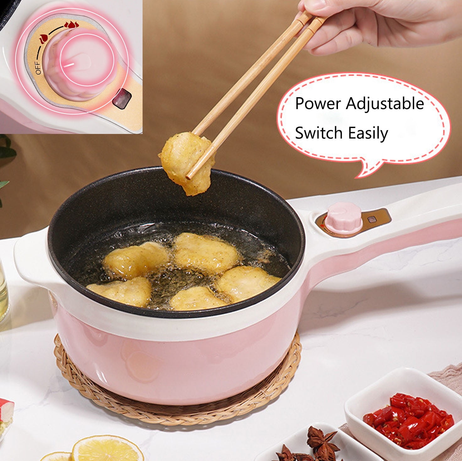 1.8L Non-Stick Electric Hot Pot with Steamer, Ramen Cooker with Dual Power Control Mini Hot Pot for Pasta, Dumplings, Soup, Steak, (Rotary Switch) Blue