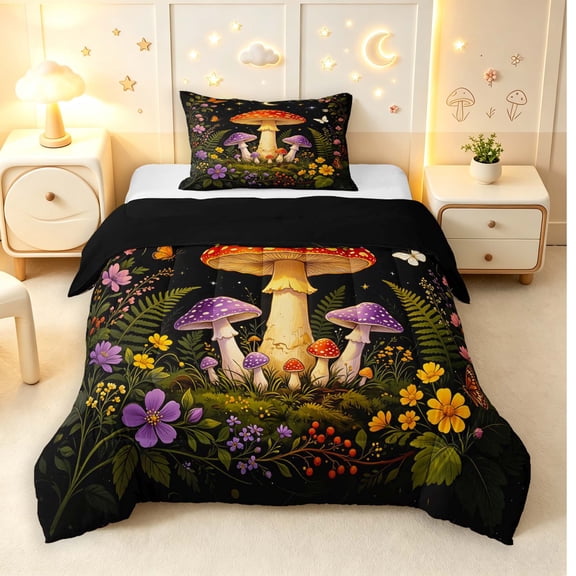 Homewish Cute Plant Mushrooms Twin Comforter Sets,Dreamy Floral Butterfly Stars Bedding Set,Black Reversible,2pcs,1 Comforter and 1 Pillowcase