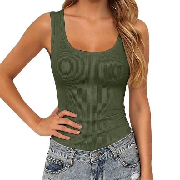 MDUKONU Womens Sleeveless Scoop Neck Tank Top Ribbed Fitted Summer Basic Slim Cute Tops 2026 Size: M Green