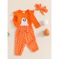 thumbnail image 4 of RUINIXCW Newborn Baby Girl Halloween Outfit Infant Girls Fall Winter Clothes Ghost Embroidery Ribbed Long Sleeve Romper with Dot Pants Headband Set, 4 of 10