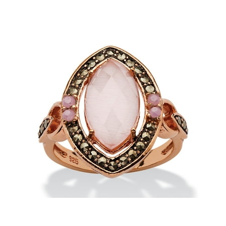 Square Shaped Marcasite Ring - Genuine Pink Cat's Eye and Black Marcasite Vintage-Style Marquise Halo Ring in Rose Gold over Sterling Silver