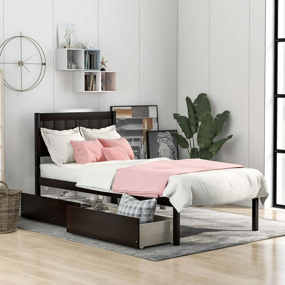Twin Size Platform Bed Wood Platform Bed, Twin Bed Frame with Headboard