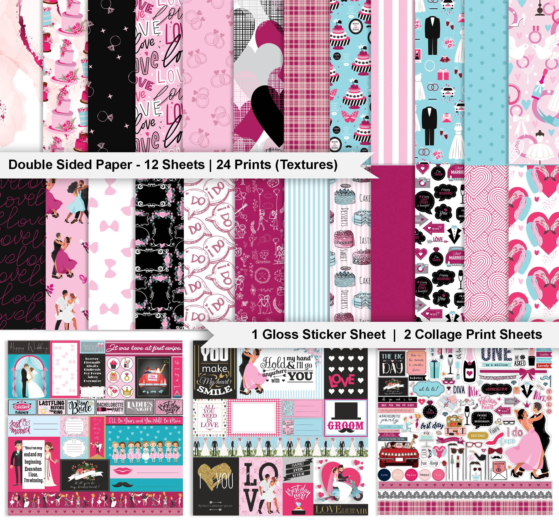 Inkdotpot Wedding Theme Collection Double-Sided Scrapbook Paper Kit Cardstock 12"x12" Card Making Paper Pack With Sticker Sheet - 16 Pages - Pink & Blue