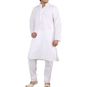 Royal Mens Traditional Pure Cotton White Chikan Embroidered Kurta & Churidar Set