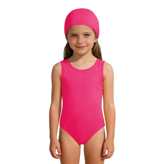 Mercatoo Girls One 𝐏iece Swimsuits Solid Color Ruched Bathing Suit for Tween Girls 𝐇awaiian Athletic Swimwear with Matching Swim Cap
