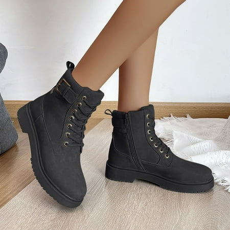 

ERTUTUYI Ladies British Lace Up Boots Side Zipper Belt Buckle Flat Short Boots Black 42