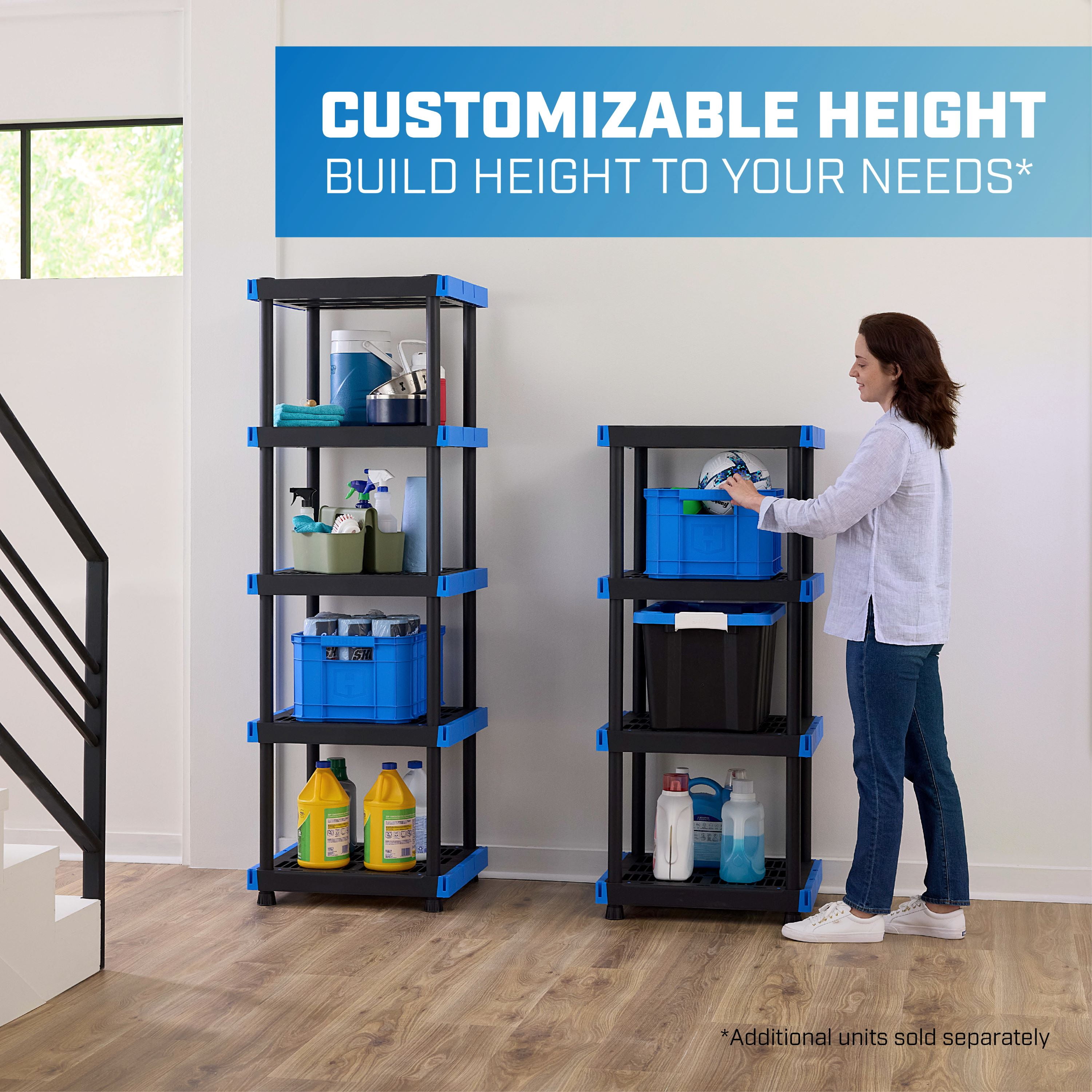 Hart 5-Shelf Plastic Storage Shelf, 24" W x 20" D x 72" H, Holds up to 500 lb Total Capacity, Black and Blue