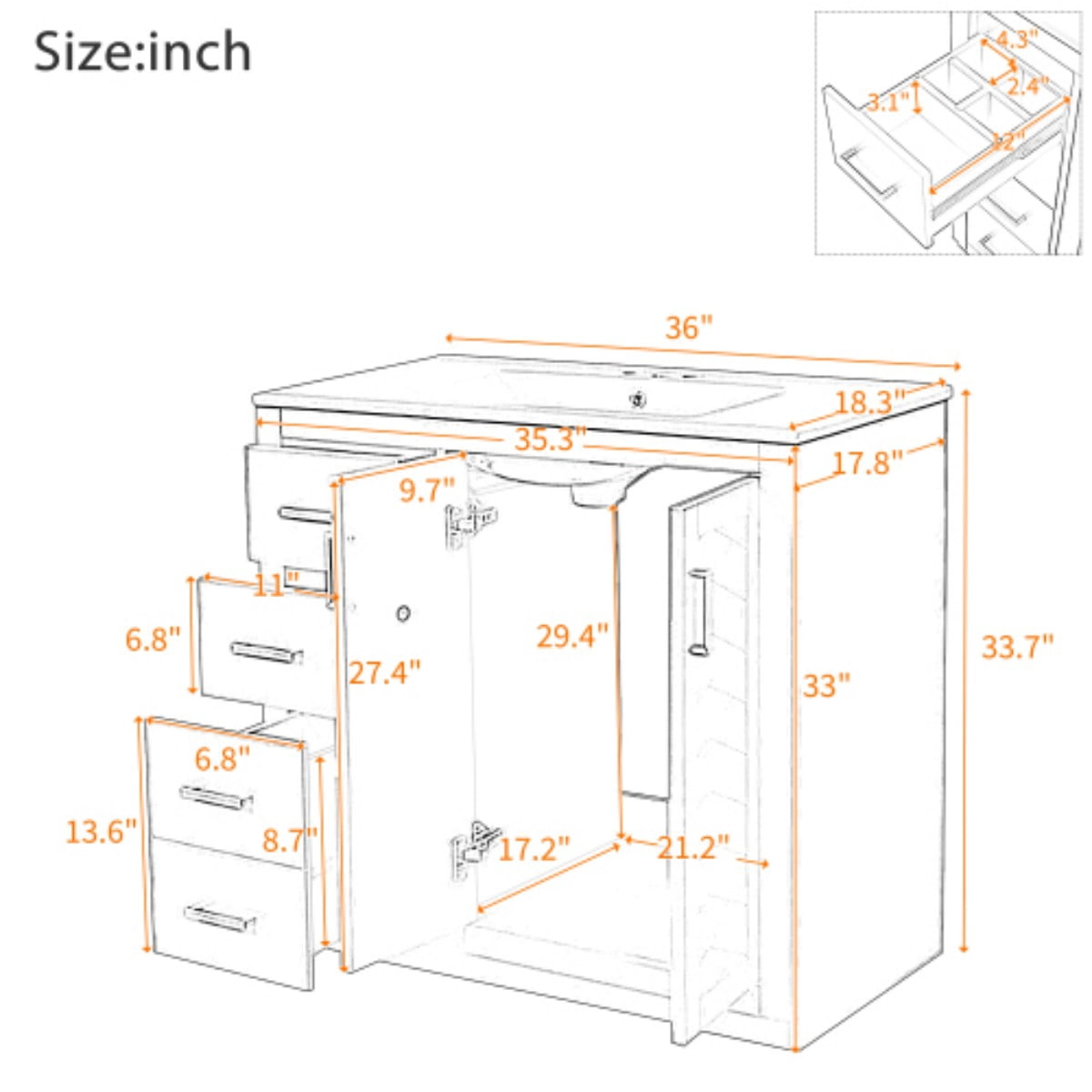 36" Bathroom Vanity with Sink, Freestanding Bathroom Vanity Cabinet with Ceramic Sink, Solid Wood Frame, 3 Drawers & Soft Close Doors, Modern Storage Cabinet, Green