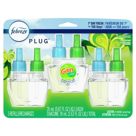 Febreze Odor-Eliminating Fade Defy PLUG Air Freshener Refill, Gain Original Scent, (3) .87 fl. Oz. Oil Refills