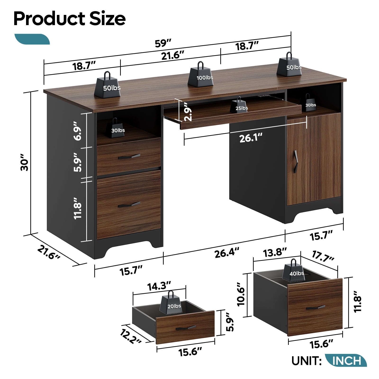 Bestier 59” Computer Desk with Drawers, Executive Desk with Storage Cabinet, Keyboard Tray for Home Office, Cherry