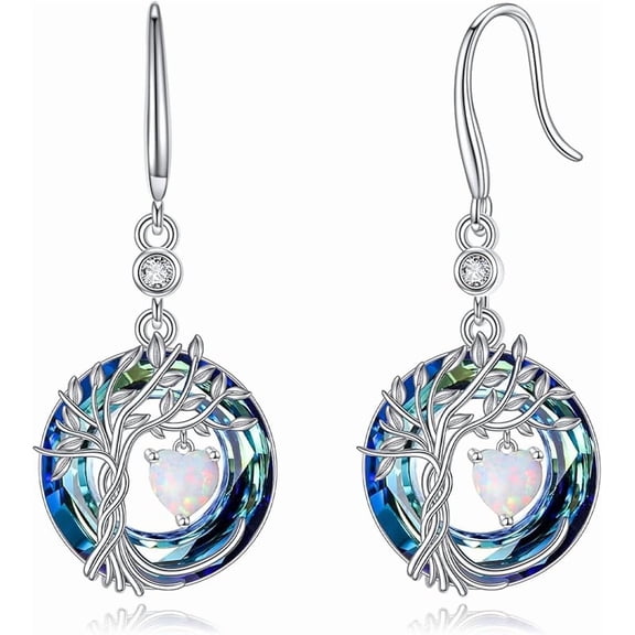 DOLIOX Tree of Life Dangle Drop Earrings 925 Sterling Silver Dainty Round Gemstone Birthstone Earring with Crystal Fine Jewelry Birthday Gifts for Women