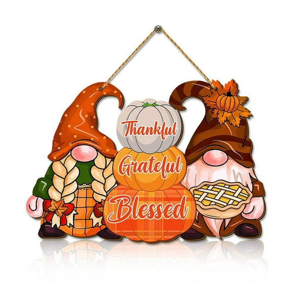 Zmeidao Thanksgiving Blessings Door Sign, Gnome Hanging Sign Wood Vintage Autumn Door Decorations Rustic Pumpkin Wall Plaque for Thanksgiving Harvest Autumn Porch Decor
