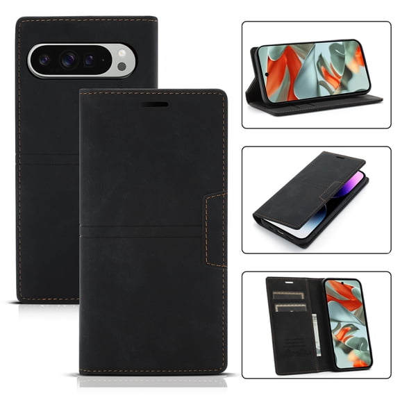 For Google Pixel 9 Pro XL Luxury PU Leather Case, Slim Wallet Flip Cover with RFID Blocking Credit Card Slots & Kickstand Feature Magnetic Closure Shockproof Book Style Phone Case,Black