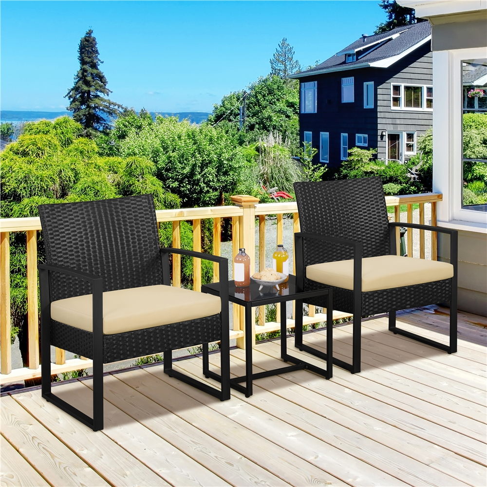 Yaheetech 3-Piece Modern Patio Set Rattan Chairs & Table for Garden, Black/ Khaki