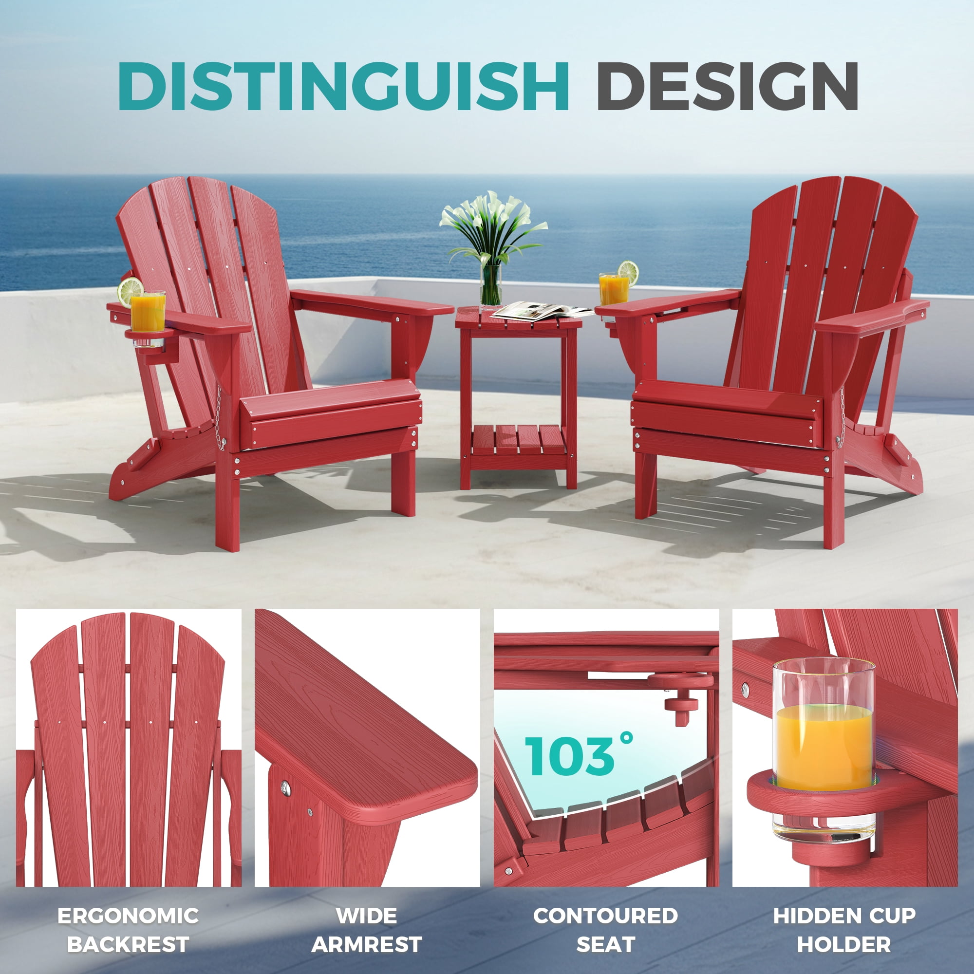 Folding Adirondack Chair Set of 2, Oversized HDPE Plastic Patio Chairs, Red
