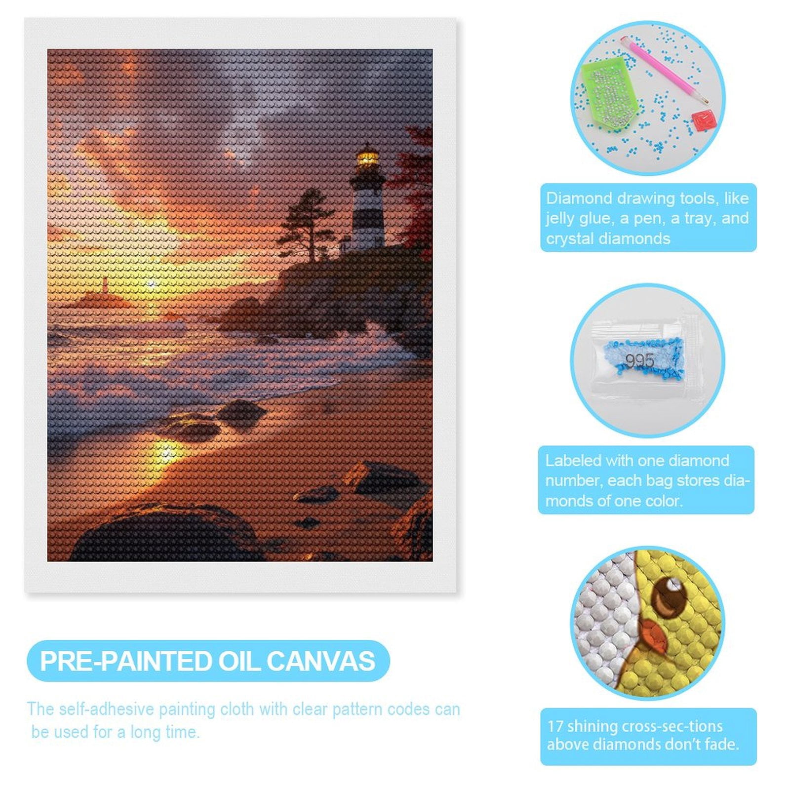 Diamond Art Kits for Adults, Lighthouse Sunset Waves Coastal View 5D Diamond Painting Kits for Adults Beginners, DIY Full Drill Diamond Painting, Gem Art and Crafts 12x16