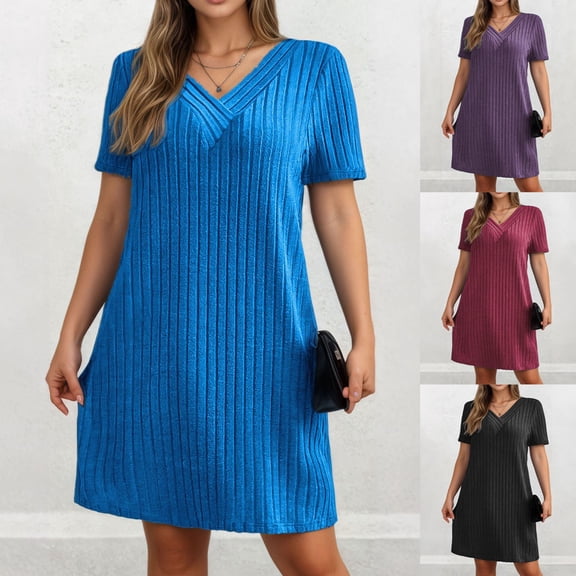 TAGOLD Womens Short Sleeve V-Neck Dress Ribbed Knit Solid Color Loose Dress Basic Summer Casual Style
