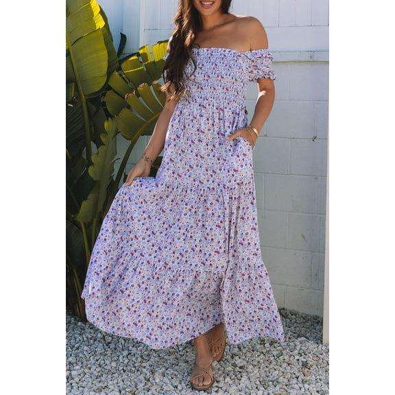 Floral Short Bubble Sleeve Shirred High Waist Maxi Dress
