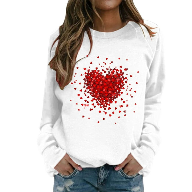 Prolriy Chandails de la Saint-Valentin pour Femmes Chandail de la Saint-Valentin pour Femmes Col Rond Imprimé Cœur Rouge Manches Longues Hauts Décontractés Manches Longues Chemises pour Femmes Cadeaux de la Saint-Valentin Hauts pour Femmes Blanc P
