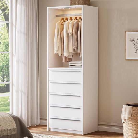 Mabor Closet Organizer System with Rechargeable Motion Sensor Light Indoor,Freestanding 23.6 Inch Closet System with 5 Drawers,Walk in Closet Systems with Metal Hanging Rods, White