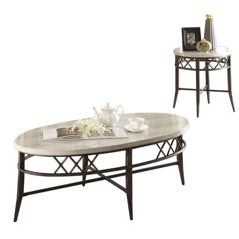 Bowery Hill 2 Piece Faux Marble Top Coffee Table Set