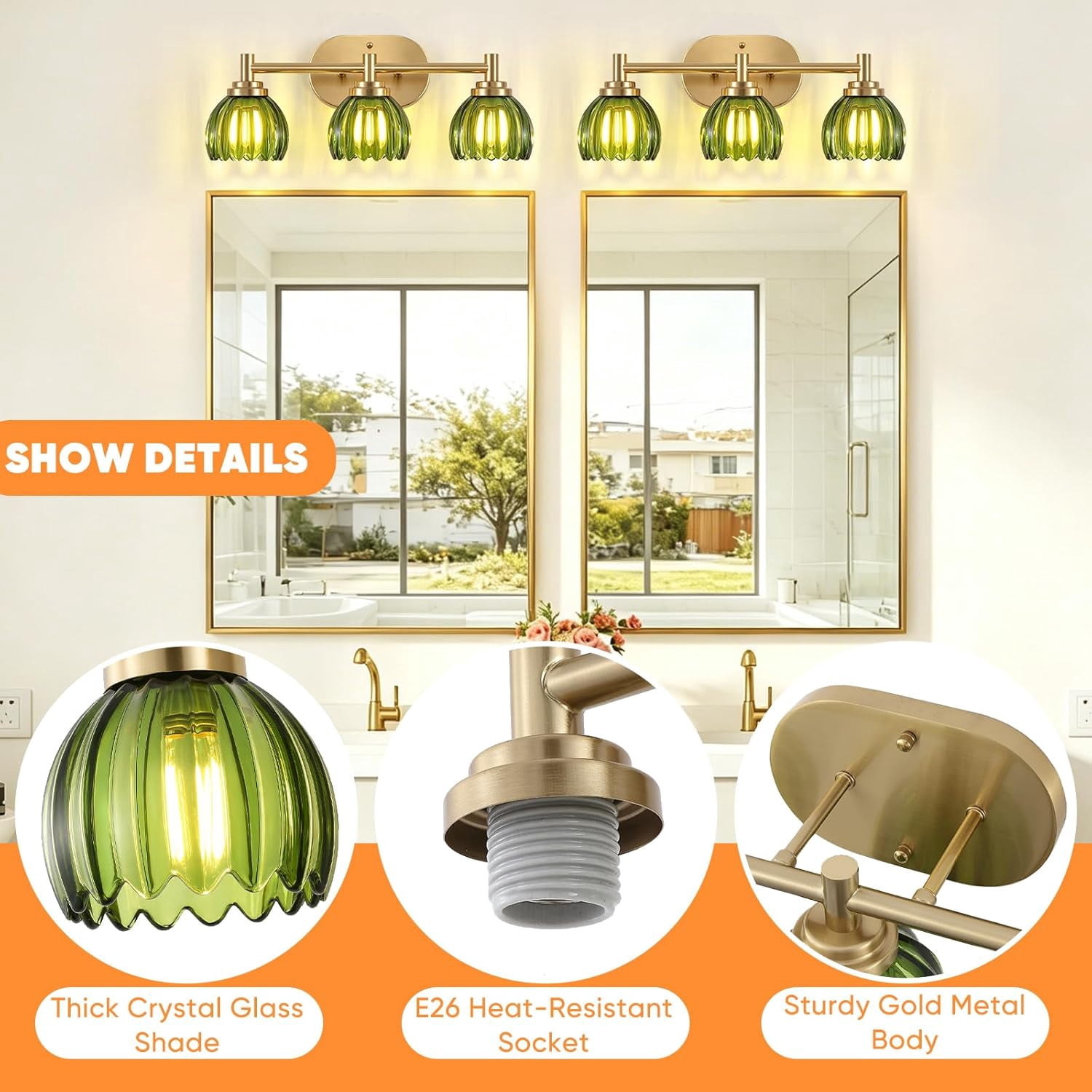 Bathroom Light Fixtures, 3-Light Brushed Gold Vanity Lights for Bathroom with Tulip Green Glass Shade, Bathroom Vanity Lighting Over Mirror, Gold Wall Lamps for Bedroom, Living Room, Hallway