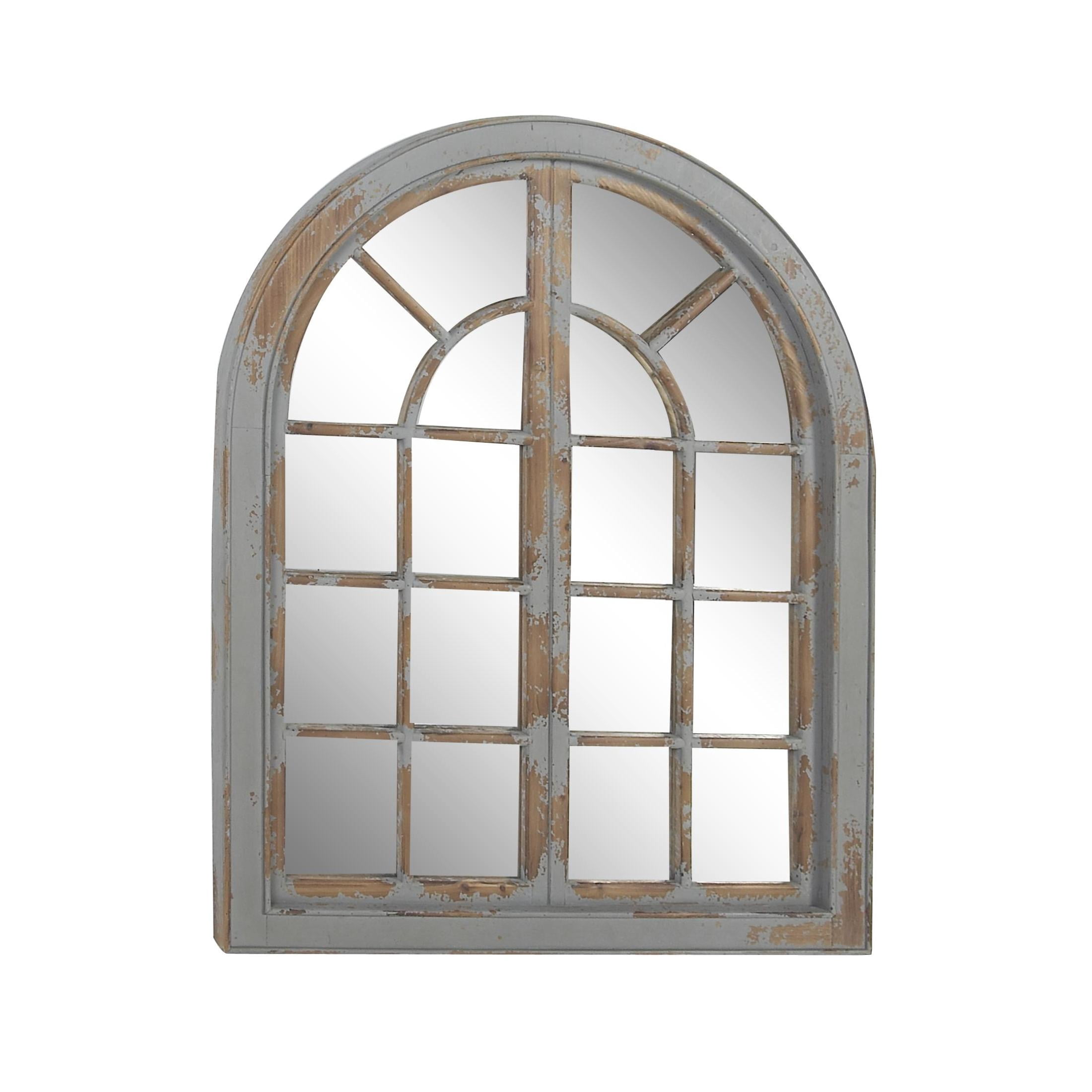 DecMode 37" x 48" Gray Window Pane Inspired Wall Mirror with Arched Top and Distressing