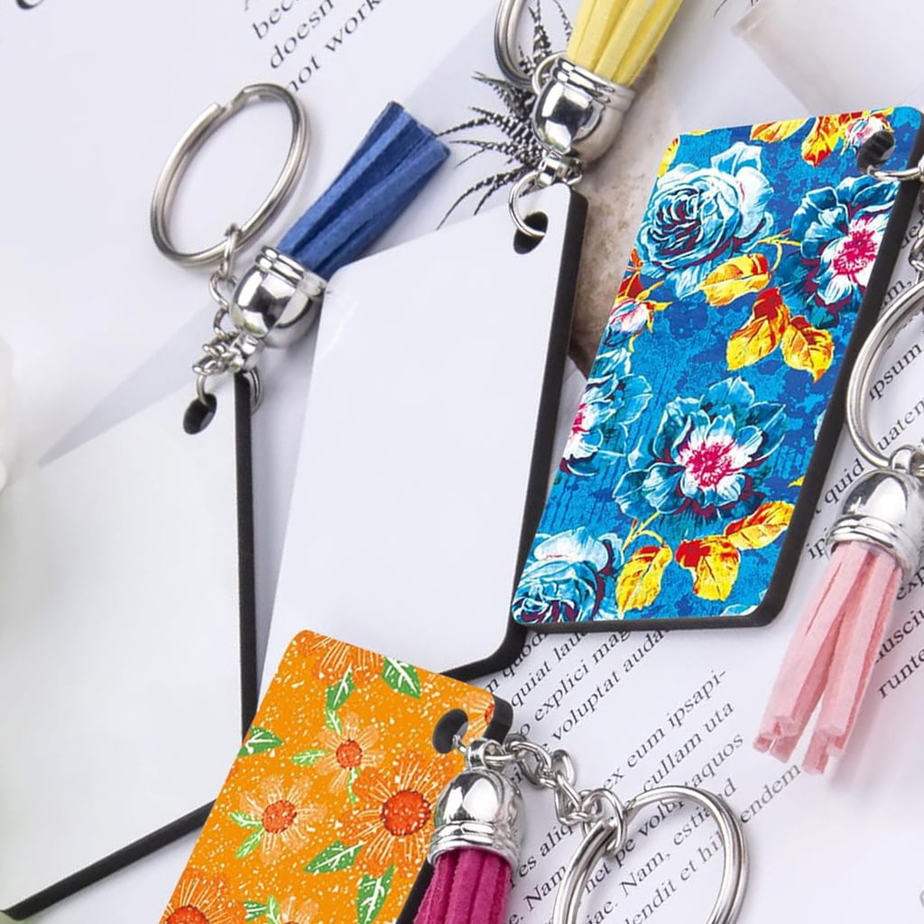 Oasiva Pack of 40 Double Sided Heat Transfer Keyring MDF Heat Pressed Keychains Sublimation Key Rings Blanks Set DIY Ornament