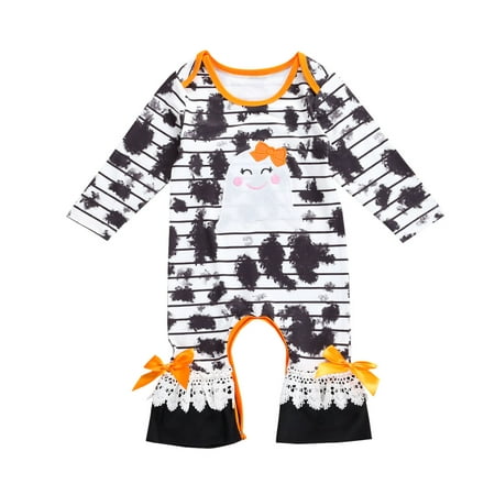 

CenturyX Kids Baby Girls Halloween Jumpsuit Cartoon Print Stripe Long Romper Bodysuit One piece Clothes White 6-12 Months