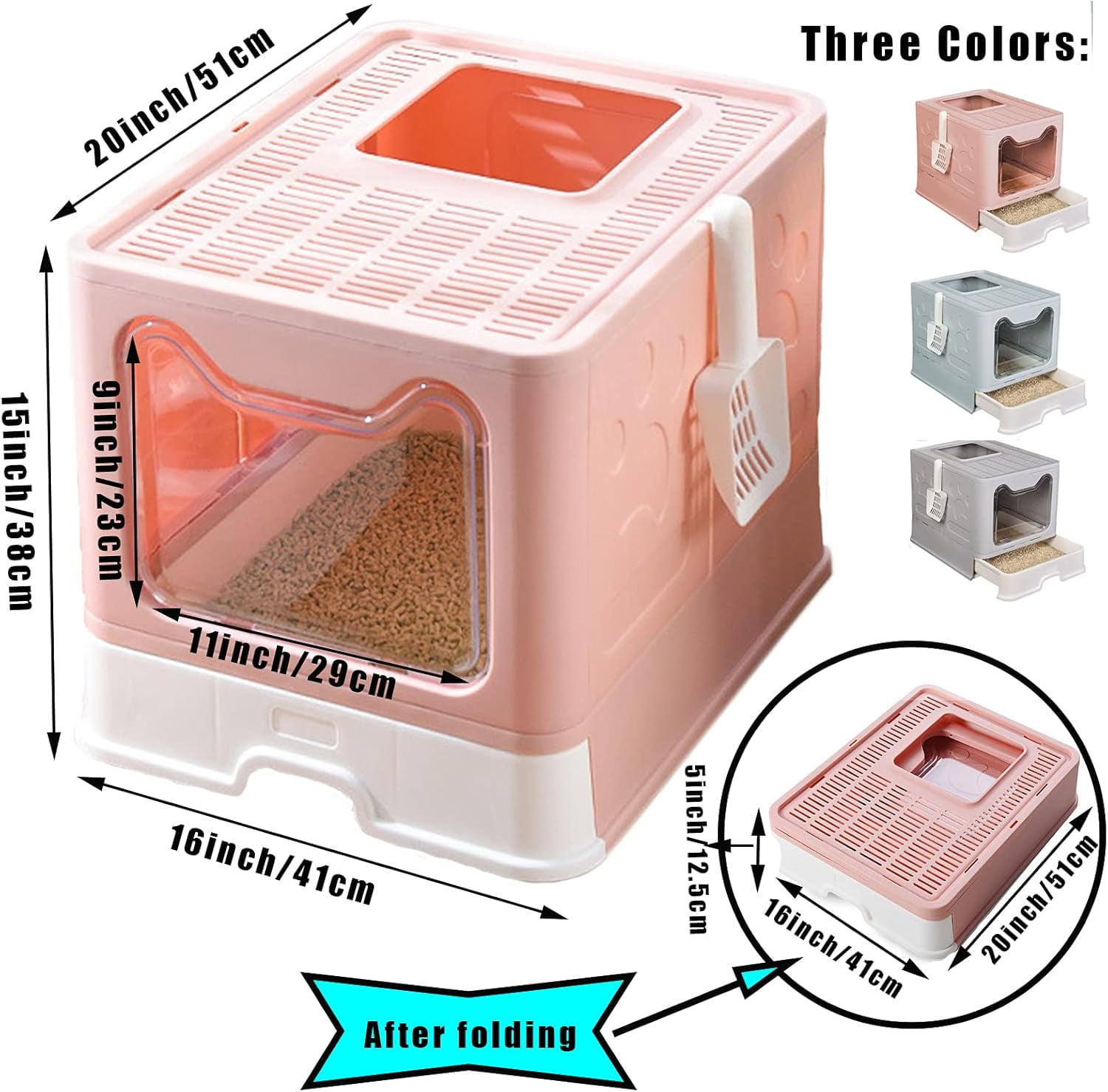 Foldable Large Cat Litter Box Enclosed Cat Potty with Drawer Top Entry Type Anti-Splashing Cat Toilet with Lid and Cat Litter Scoop No Smell Cat Supplies for Cats and Kittens-Pink