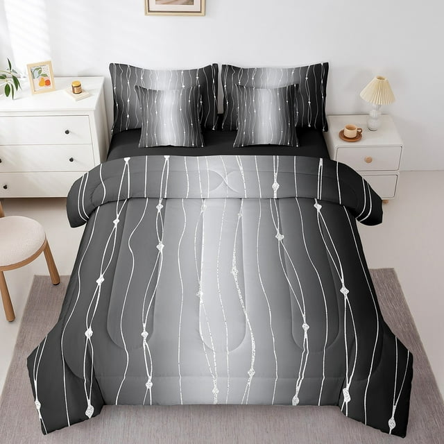 YST Black and Grey 7-Piece Gradient Ombre Comforter Set, Modern Abstract Bedding Accessories, Queen