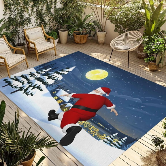 Fsddascl Christmas Santa Outdoor Rug for Patio/Deck/Porch, Non-Slip Large Area Rug 6 x 9 Ft, Xmas Tree Blue Sky Moon Snowflake Indoor Outdoor Rugs Washable Area Rugs, Camping Rug Carpet Runner