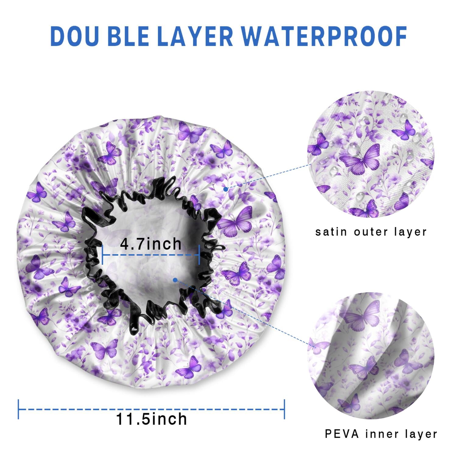 Shower Caps,White Purple Butterfly Flower Pattern Waterproof Shower Cap for Women 4 Pieces,Double Reusable Hair Cover for Shower PEVA Elastic Stretch Hem