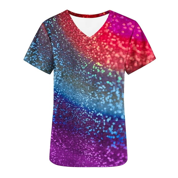 2024! Aofany Women's Working Uniform Nursing Uniform With Two Pockets Scrubs Top Printed Short Sleeve V-neck Tee
