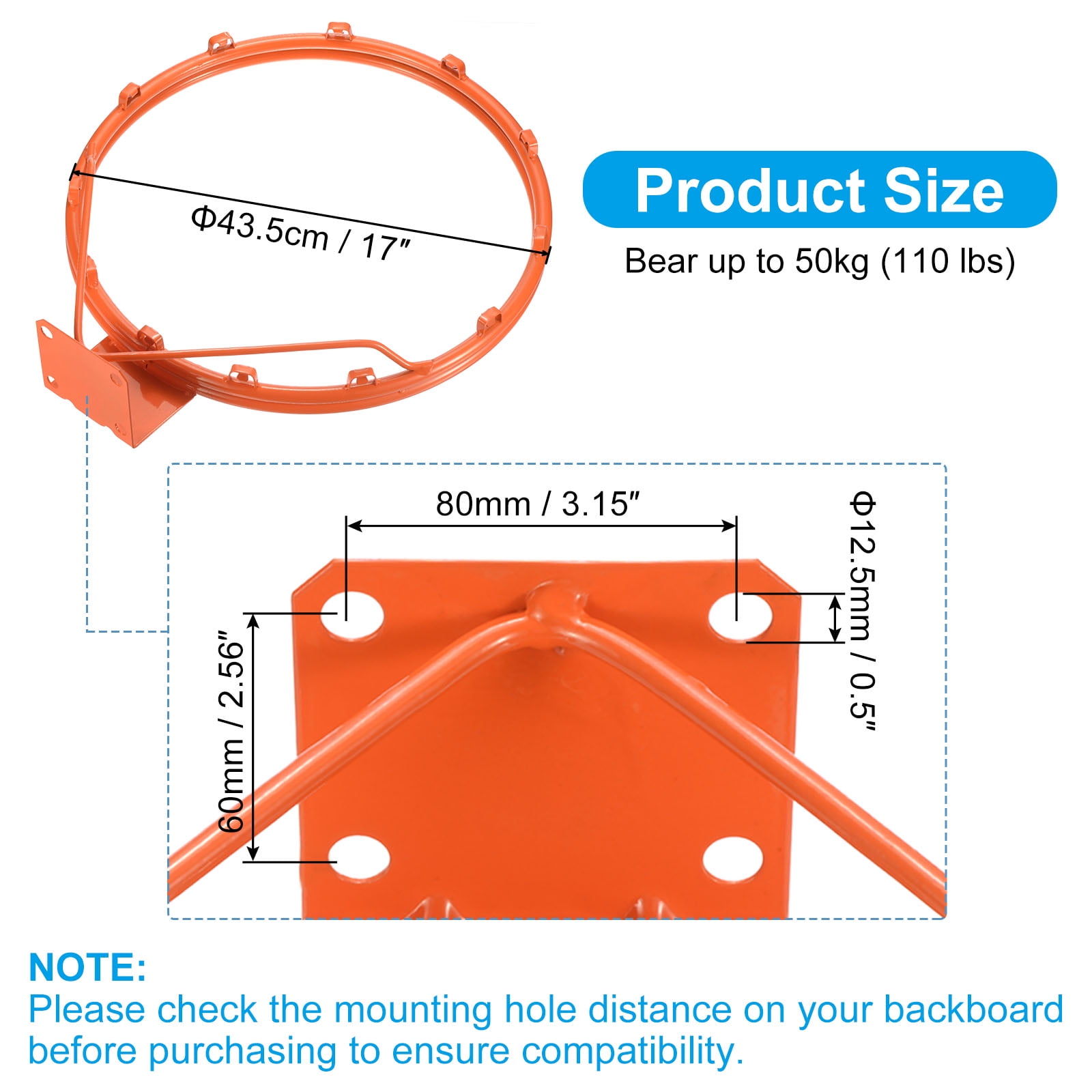 Uxcell 18" Basketball Rim Wall Door Mounted Standard Goal Fit Indoor and Outdoor (Hollow Steel), Orange