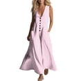 thumbnail image 2 of Guieoi Summer Dresses for Women under $10 Plus Size Flowy Buttoned Cotton-Linen Loose Pocket Sleeveless Printed Striped Maxi Dress Pink XXL, 2 of 7