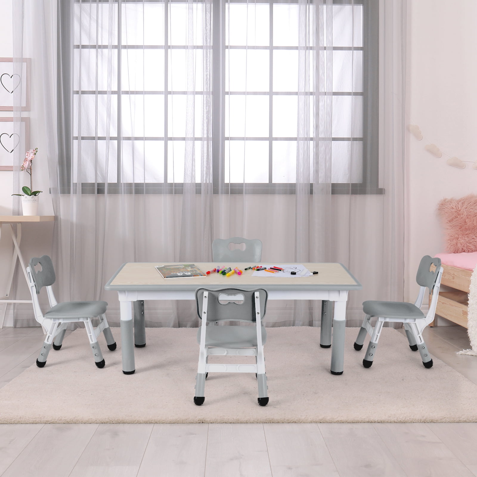 Pirecart 5-Piece Kids Table & Chairs Set Toddlers Activity Table Set Height Adjustable Play Table and Chair Set for Reading, Drawing, Eating, Gray