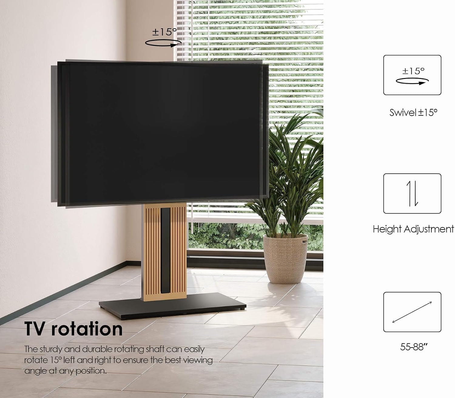 FITUEYES Zen Series Floor TV Stand for 55–88 Inch TVs, Black & Light Wood, Hidden Storage