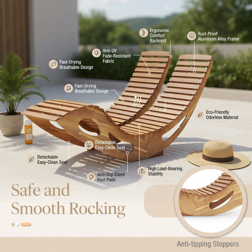 Hommoo Slatted Acacia Wood 2-Seat Dual Rocker Patio Sunbed, Ergonomic Curved Seat, Poolside & Backyard Lounger, Natural