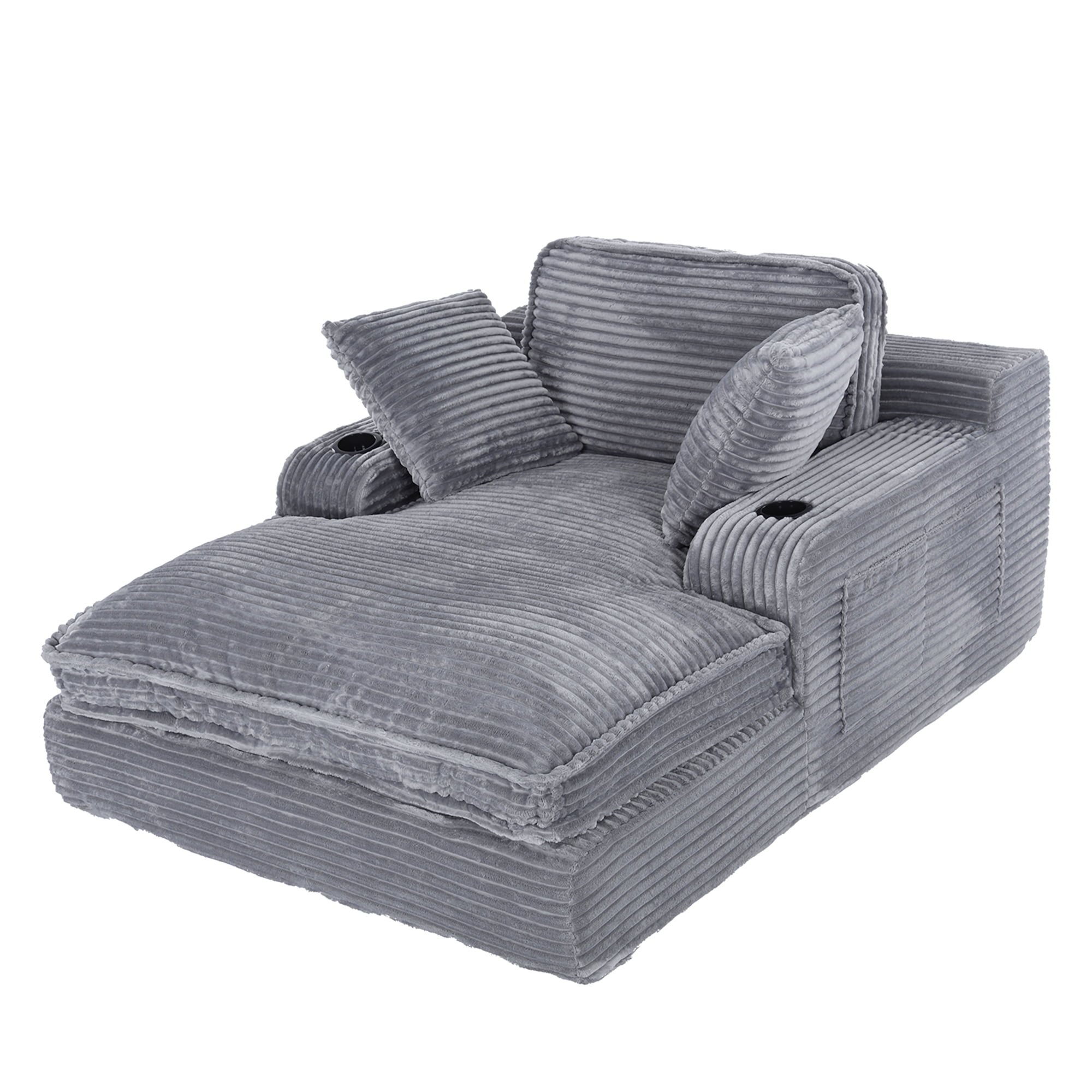 EOP 67'' Oversized Chaise Lounge Chair Indoor, Plush Boneless Cloud Couch with Side Pockets & Cup Holders, Comfy Corduroy Sleeper Couch with Removable Pillows for Living Room, Gray