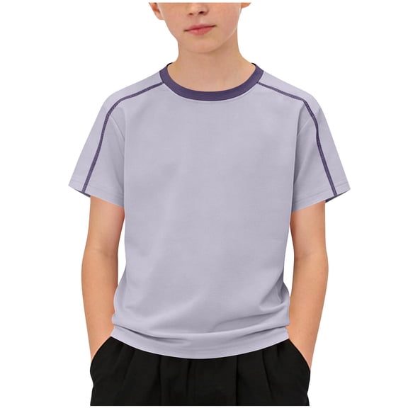 CYRBOKO Boys Summer Athletic Shirts, Short Sleeve Breathable Pullover Casual Kids Activewear Tops Purple Size 5-6 T