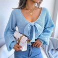 thumbnail image 6 of Women Long Sleeve Crop Front Bowknot Ribbed Knit Pullover Sweaters Fall Winter V Neck Crop Tops Pullover Blue S, 6 of 8