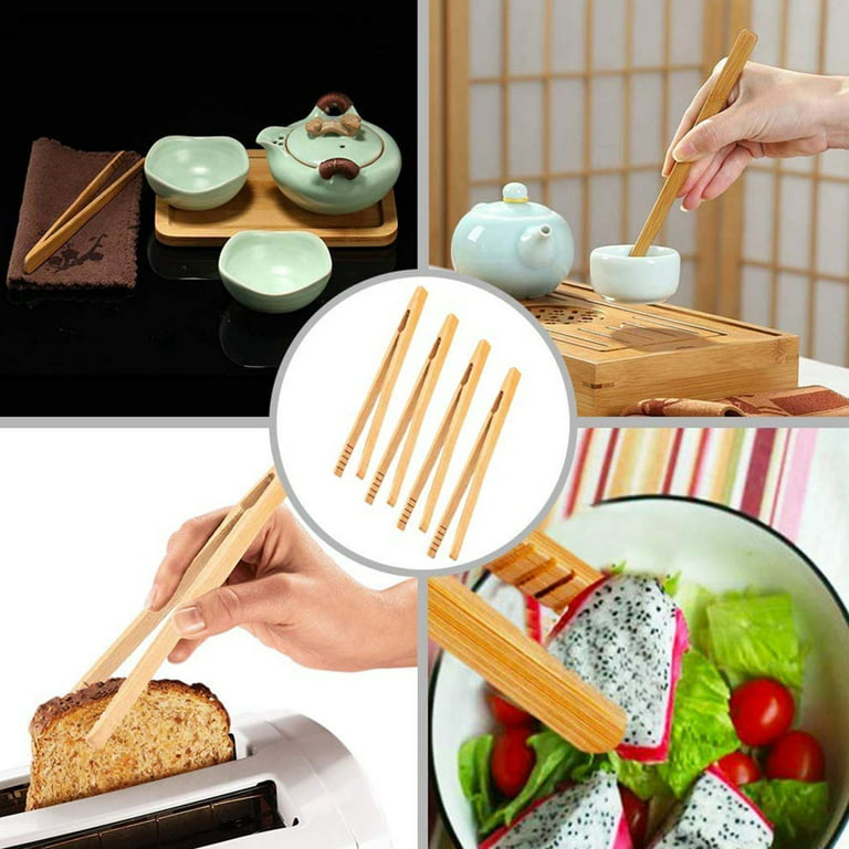 Fanvereka 4 Pcs Bamboo Toaster Tongs Wood Cooking Tongs Kitchen Utensil for Cheese Bacon Muffin Fruits Bread, Brown