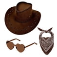thumbnail image 1 of Set de sombrero vaquero de piel de ciervo marrón con pañuelo y gafas de sol en forma de corazón, 1 of 1