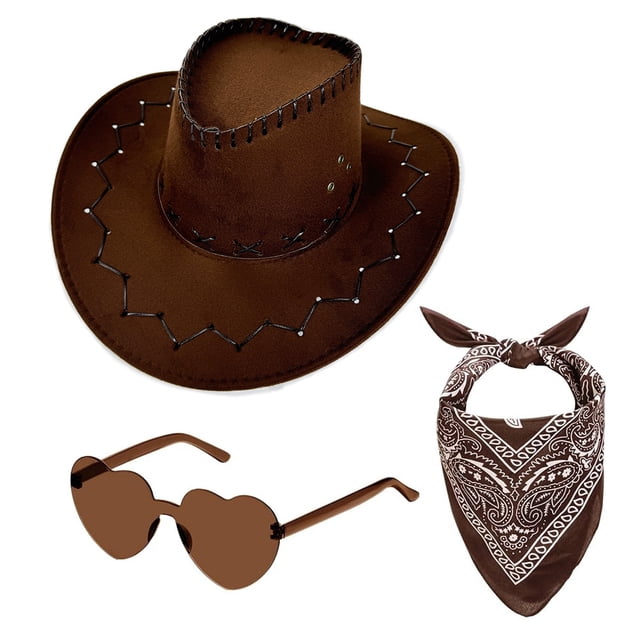 Set de sombrero vaquero de piel de ciervo marrón con pañuelo y gafas de sol en forma de corazón