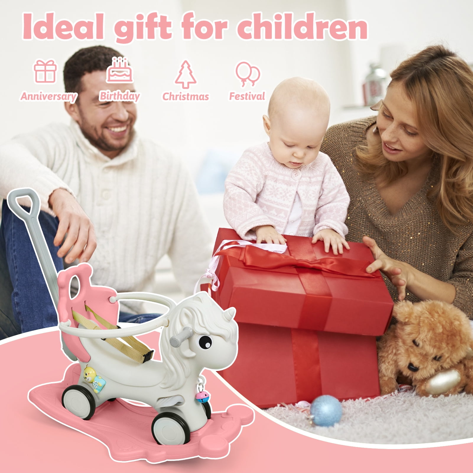 Wdmiya 4 in 1 Rocking Horse for Toddlers 1-3 Years Old, Baby Unicorn Rocking Toy Birthday Gift for Boy and Girl, Ride on Toy with Detachable Balance Board，Balance Bike with Push Handle, Pink
