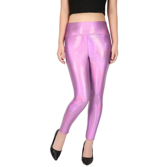HDE Women's Shiny Holographic Leggings Liquid Metallic Pants Iridescent Tights (Pink, X-Large)