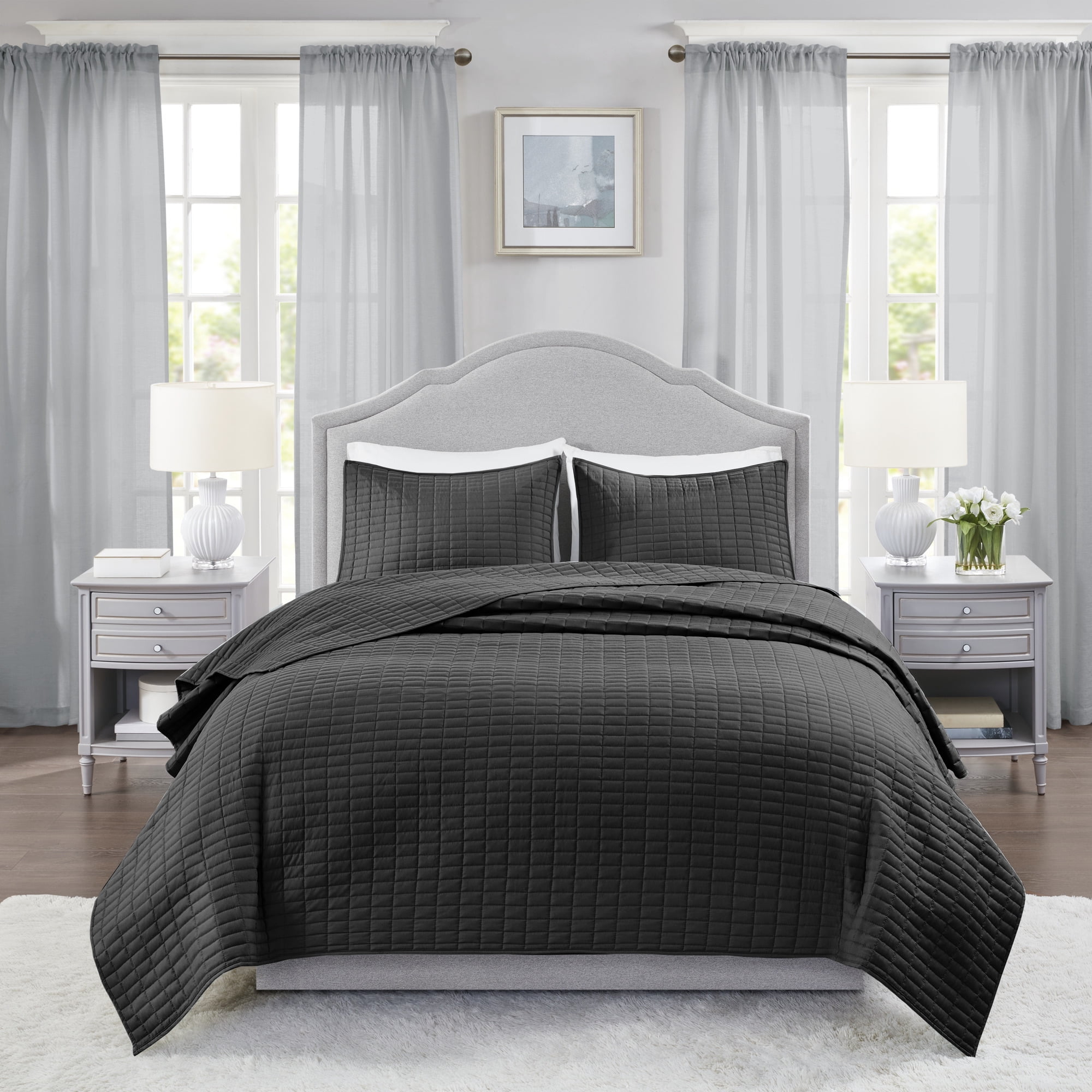 Comfort Spaces 3-Piece Micorfiber Mini Bed in A Bag Quilt Set, Queen, Black, Kienna All Season Reversible Blanket