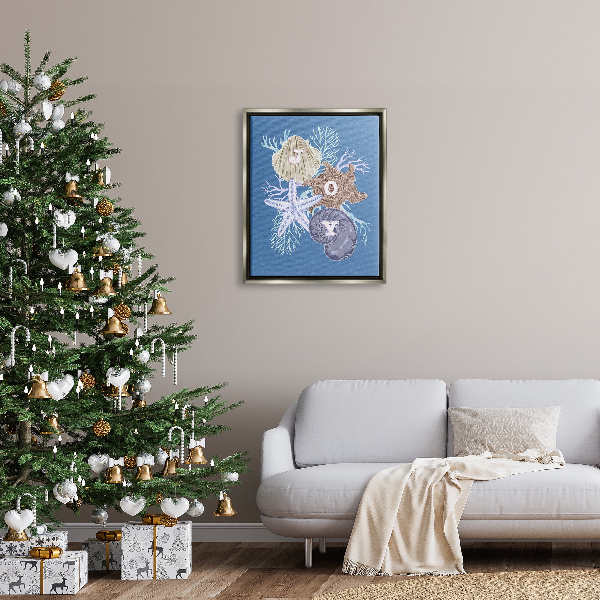Stupell Industries Joy Nautical Holiday Seashells Holiday Painting Gray Floater Framed Art Print Wall Art