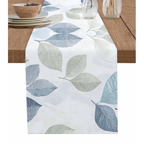 Sage Green Blue Leaves Table Runner 90 Inches, Vintage Rustic Botanical Bed Runner Dresser Scarves Tabletop for Indoor Outdoor Parties/Ceremony/Banquet, 13" x 90"